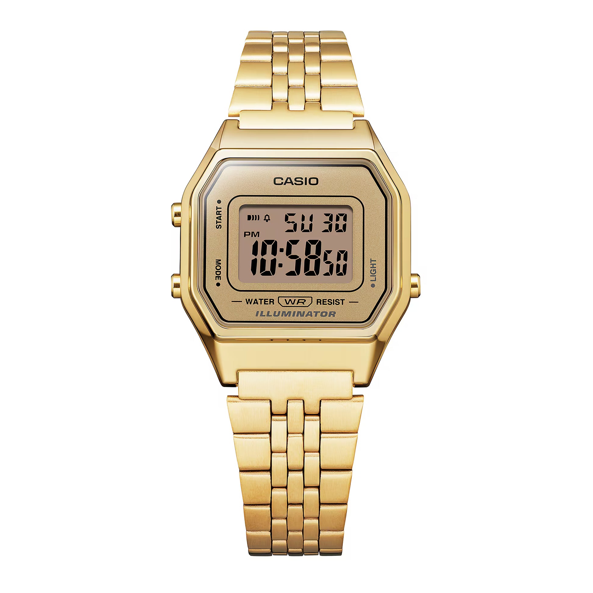 Gold Casio digital watch on a white background