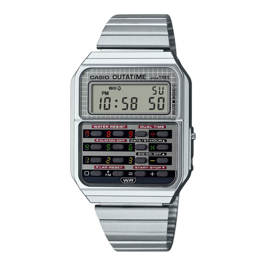 Casio Vintage Back to the Future watch (Model CA500WEBF-1A). Features 43.2 × 34.4 mm resin case, stainless-steel band with Back to the Future logo buckle, and engraved case back showing the Flux Capacitor. Inspired by the DeLorean’s time circuits with colorful calculator buttons, dual time, 8-digit calculator, stopwatch, alarm, and full auto-calendar. Includes special VHS-style packaging and approx. 5-year battery life.