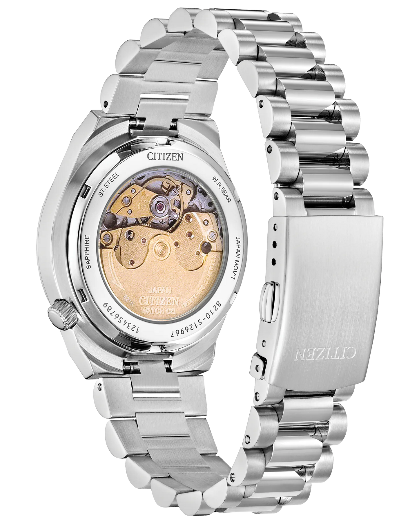 Silver Citizen watch with mechanical components on a white background