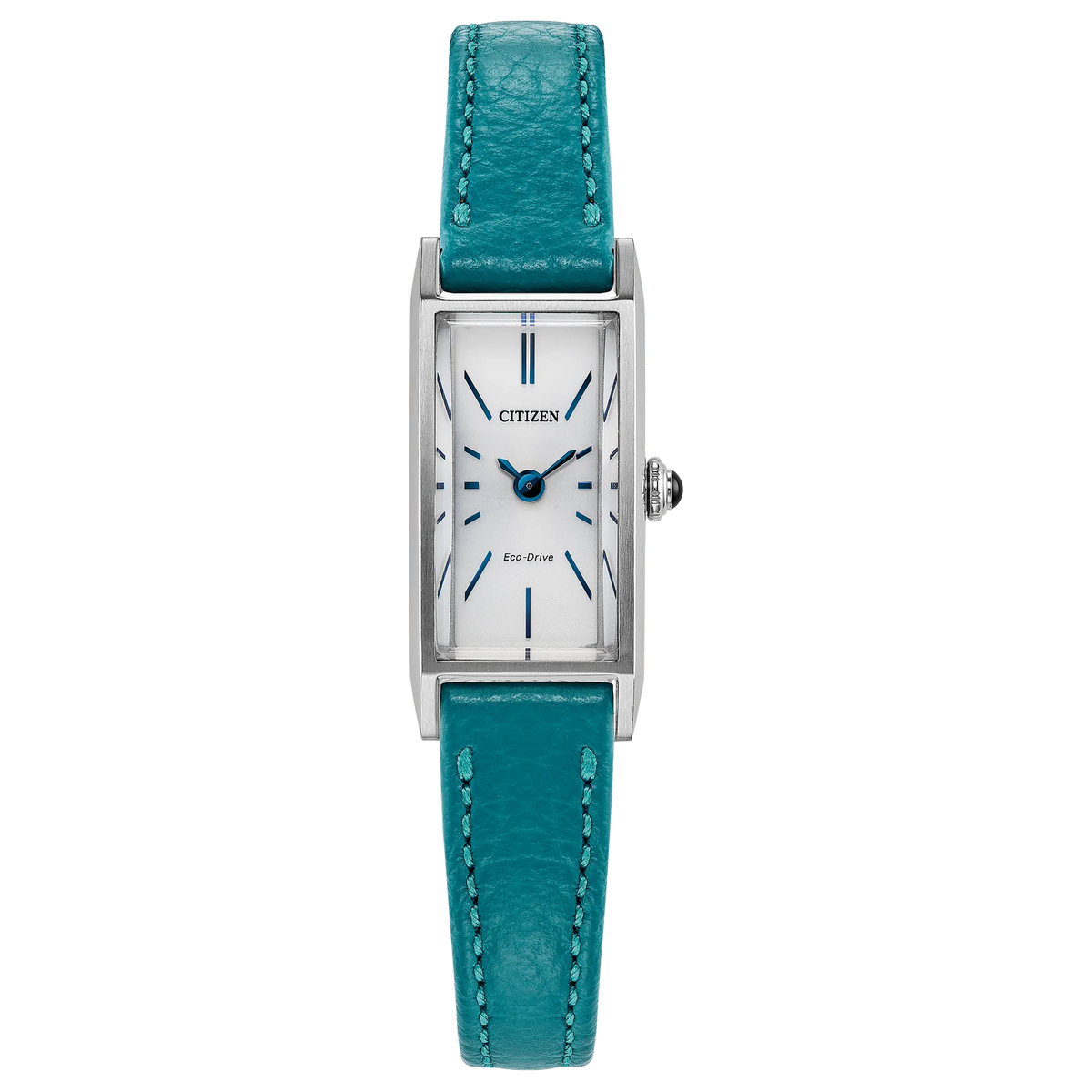 Citizen Fio EG7120-00A rectangular Eco-Drive watch with slim silver-tone stainless steel case, white sunray dial, blue cabochon crown, raised mineral crystal, aquamarine leather strap, and 30m water resistance.