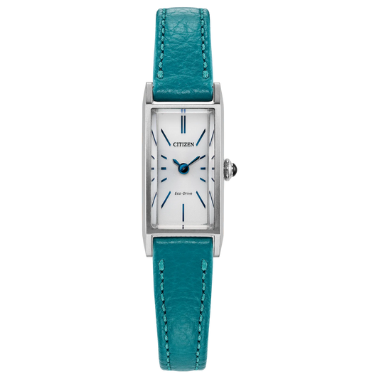 Citizen Fio EG7120-00A rectangular Eco-Drive watch with slim silver-tone stainless steel case, white sunray dial, blue cabochon crown, raised mineral crystal, aquamarine leather strap, and 30m water resistance.