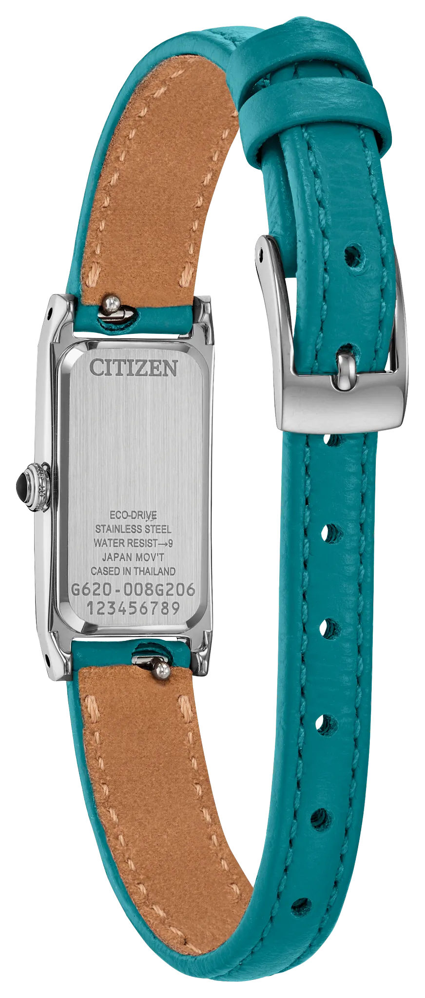 Citizen watch with a turquoise leather strap and a silver stainless steel case, showing the back of the case with brand text.