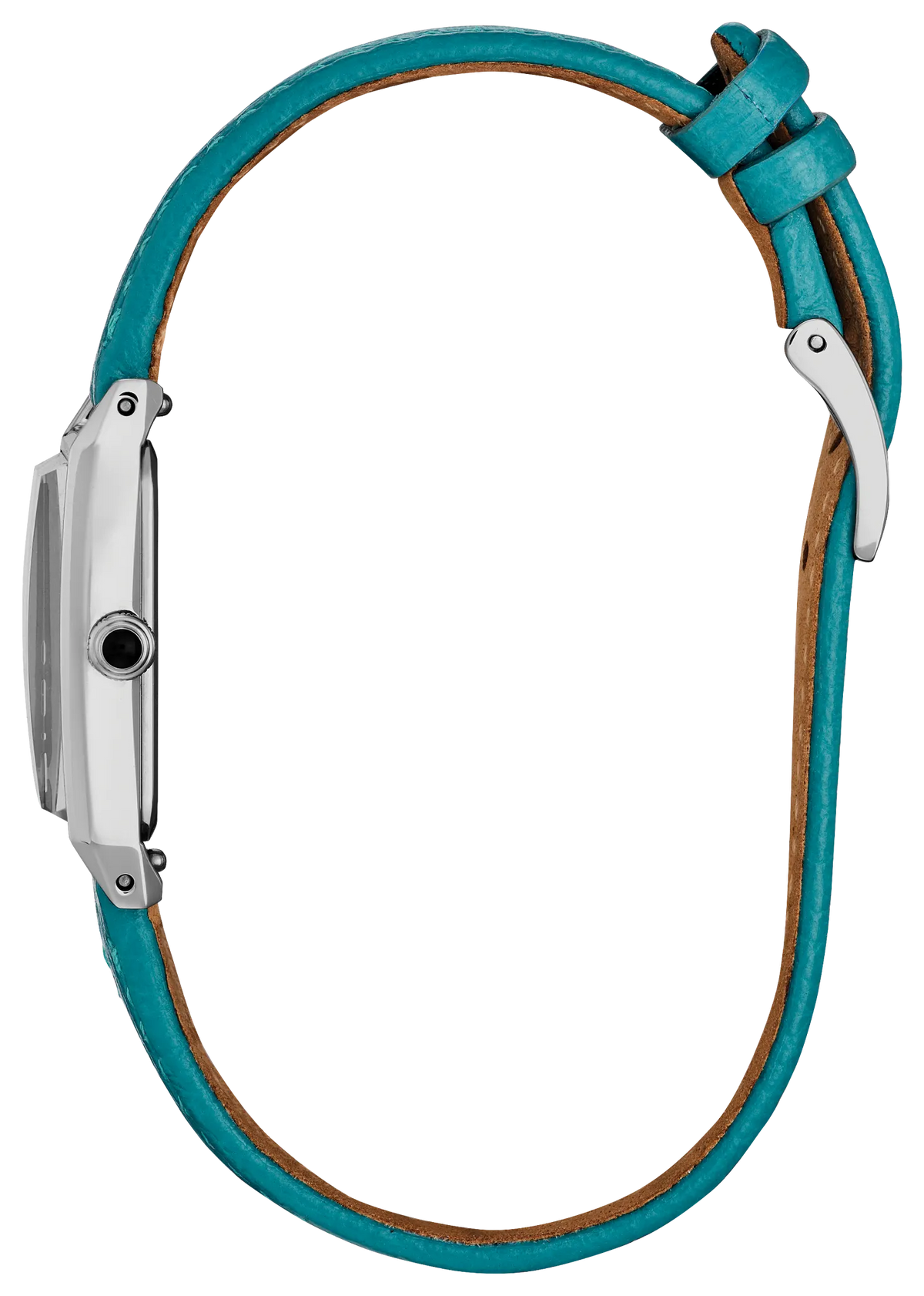A side profile view of a watch with a vibrant turquoise leather strap and a silver-tone case, shown against a plain white background.