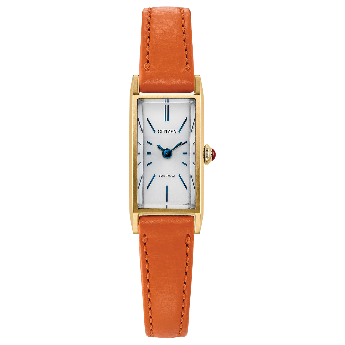 Citizen Fio EG7122-04A rectangular Eco-Drive watch with yellow gold-tone stainless steel case, silver sunray dial, blue accents, red cabochon crown, raised mineral crystal, orange leather strap, and 30m water resistance.