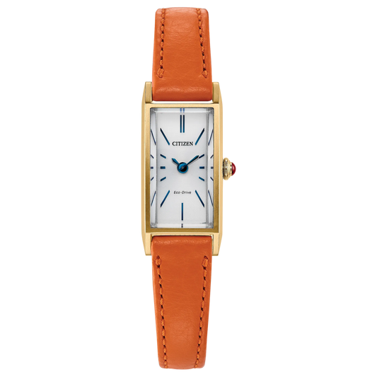 Citizen Fio EG7122-04A rectangular Eco-Drive watch with yellow gold-tone stainless steel case, silver sunray dial, blue accents, red cabochon crown, raised mineral crystal, orange leather strap, and 30m water resistance.