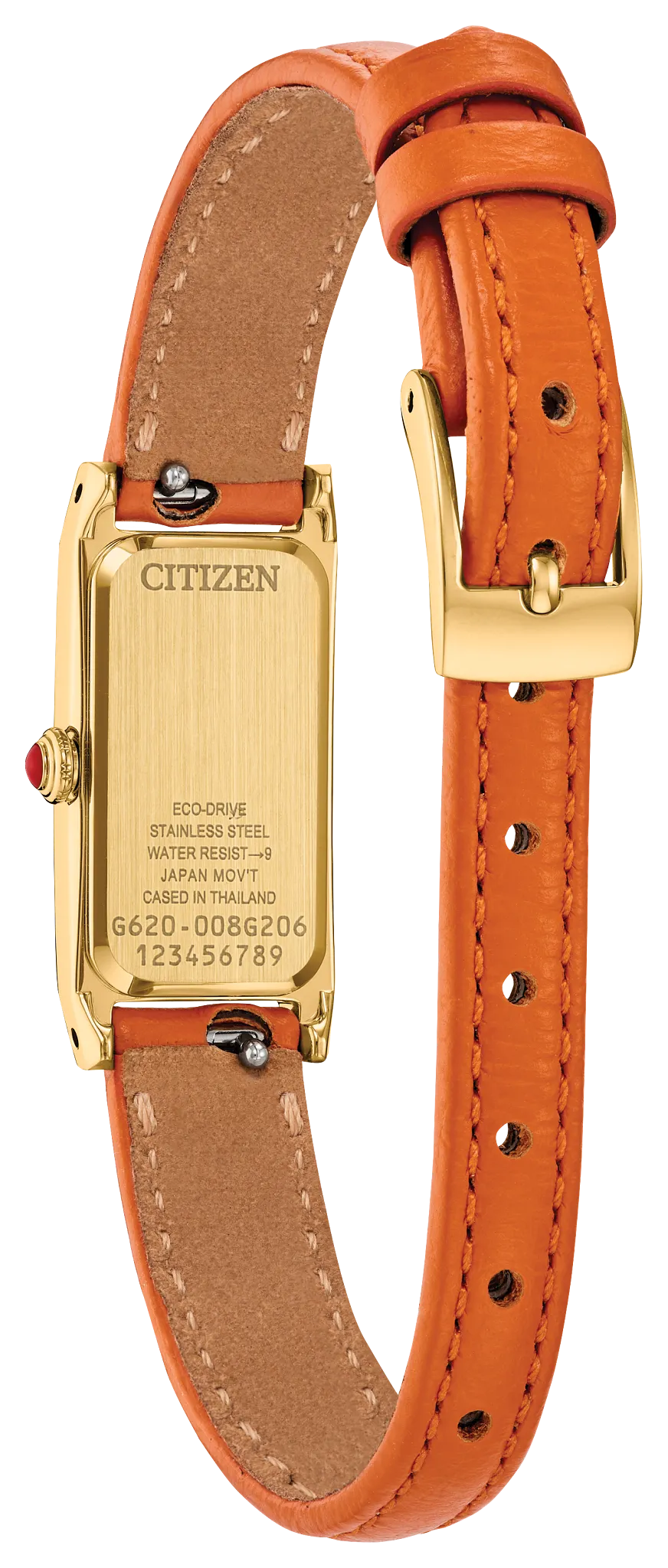 Citizen watch with a rectangular gold-tone case and a warm orange-brown leather strap, shown on a plain white background.