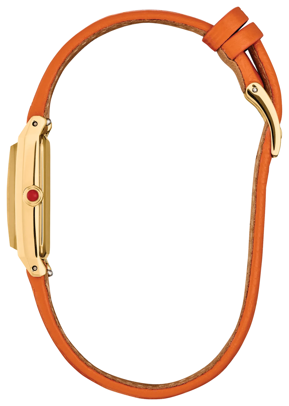 A luxury watch featuring a vibrant orange leather strap and a polished gold-tone rectangular case with a small red accent bead on the side.