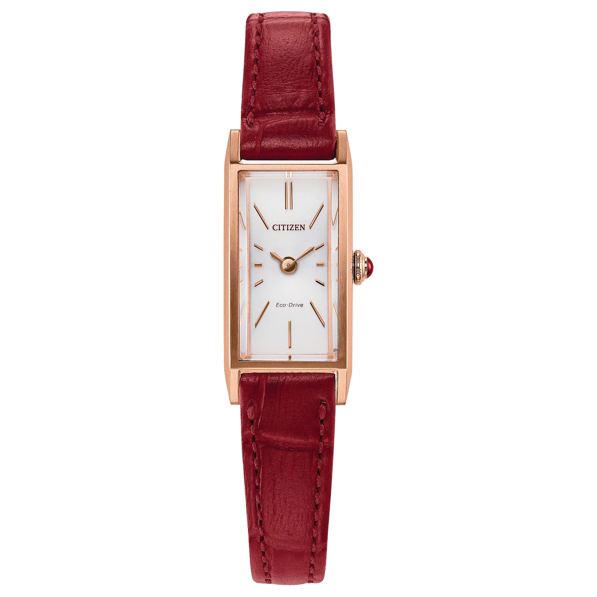 Citizen Fio EG7123-01A rectangular Eco-Drive watch with rose gold-tone stainless steel case, silver sunray dial, rose gold-tone accents, red cabochon crown, raised mineral crystal, red leather strap, and 30m water resistance.