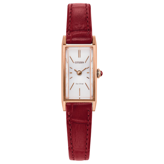 Citizen Fio EG7123-01A rectangular Eco-Drive watch with rose gold-tone stainless steel case, silver sunray dial, rose gold-tone accents, red cabochon crown, raised mineral crystal, red leather strap, and 30m water resistance.