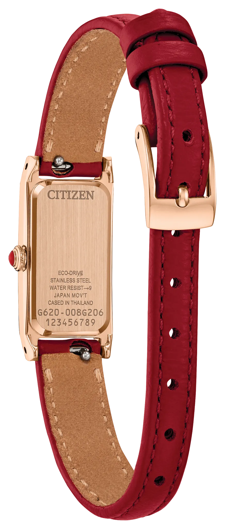 Citizen women's watch with a rectangular rose gold case and a deep red leather strap, shown from the back on a white background.