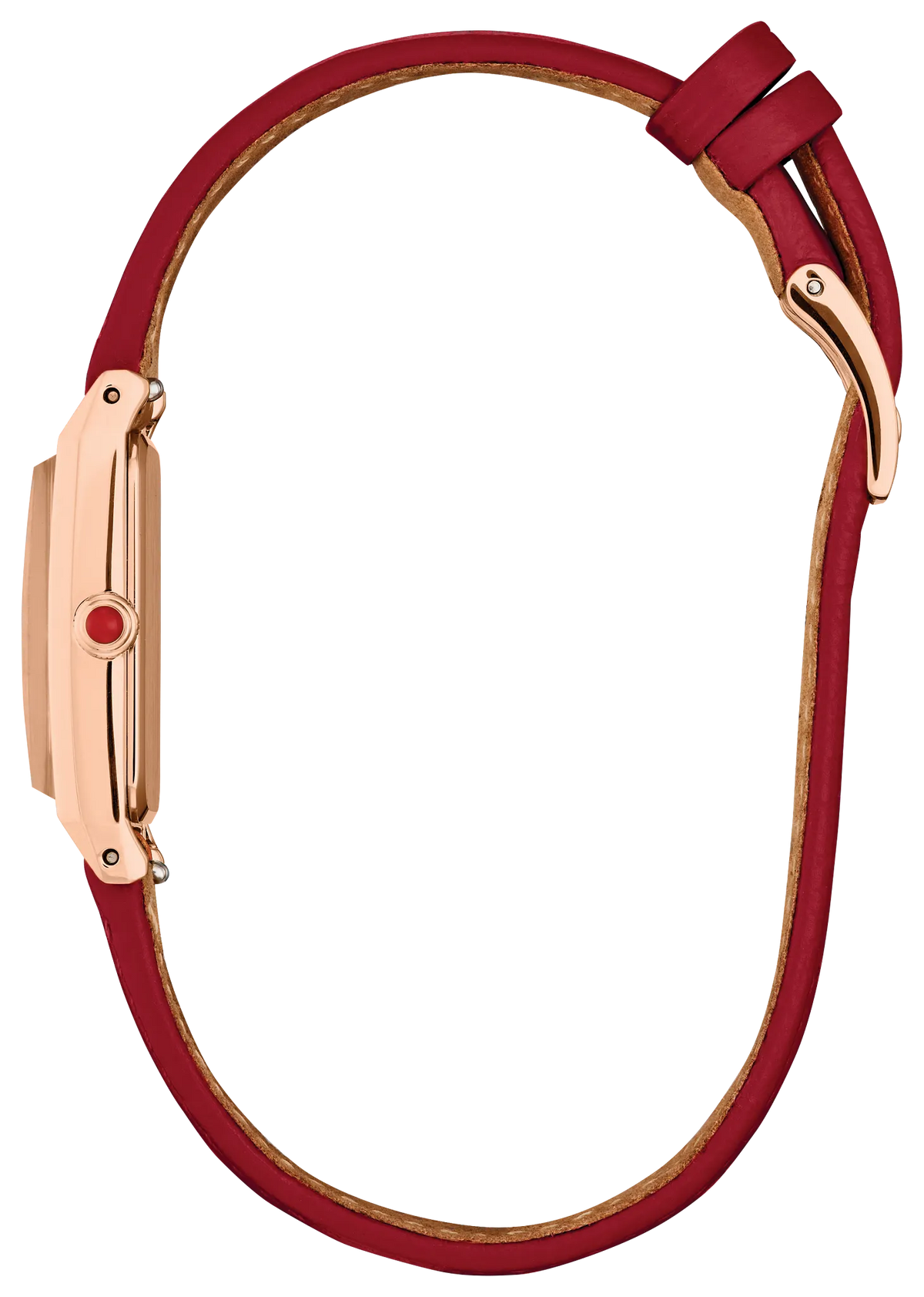 A close-up side view of a watch with a deep red leather strap and a rose gold case, featuring a small red accent on the side.