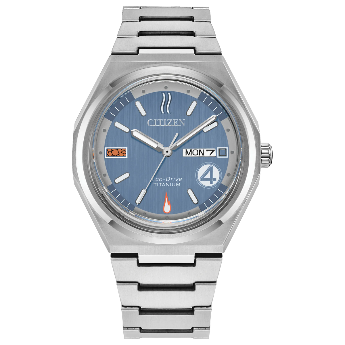 Citizen The Fantastic 4: First Steps AW0131-66W limited-edition Eco-Drive watch with blue brushed dial, luminous markers, Super Titanium case, integrated bracelet, and day-date display.