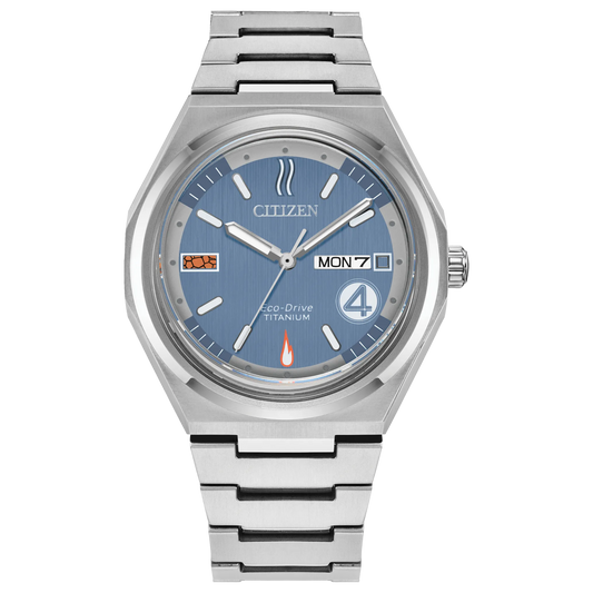 Citizen The Fantastic 4: First Steps AW0131-66W limited-edition Eco-Drive watch with blue brushed dial, luminous markers, Super Titanium case, integrated bracelet, and day-date display.