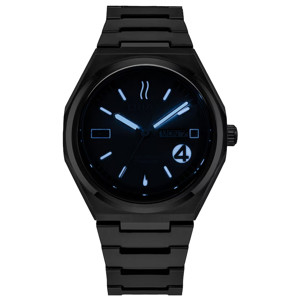 Low-light view of the Citizen Fantastic 4 AW0131-66W showing glowing luminous hands, hour markers, wavy 12 o’clock marker, and Fantastic 4 dial details.