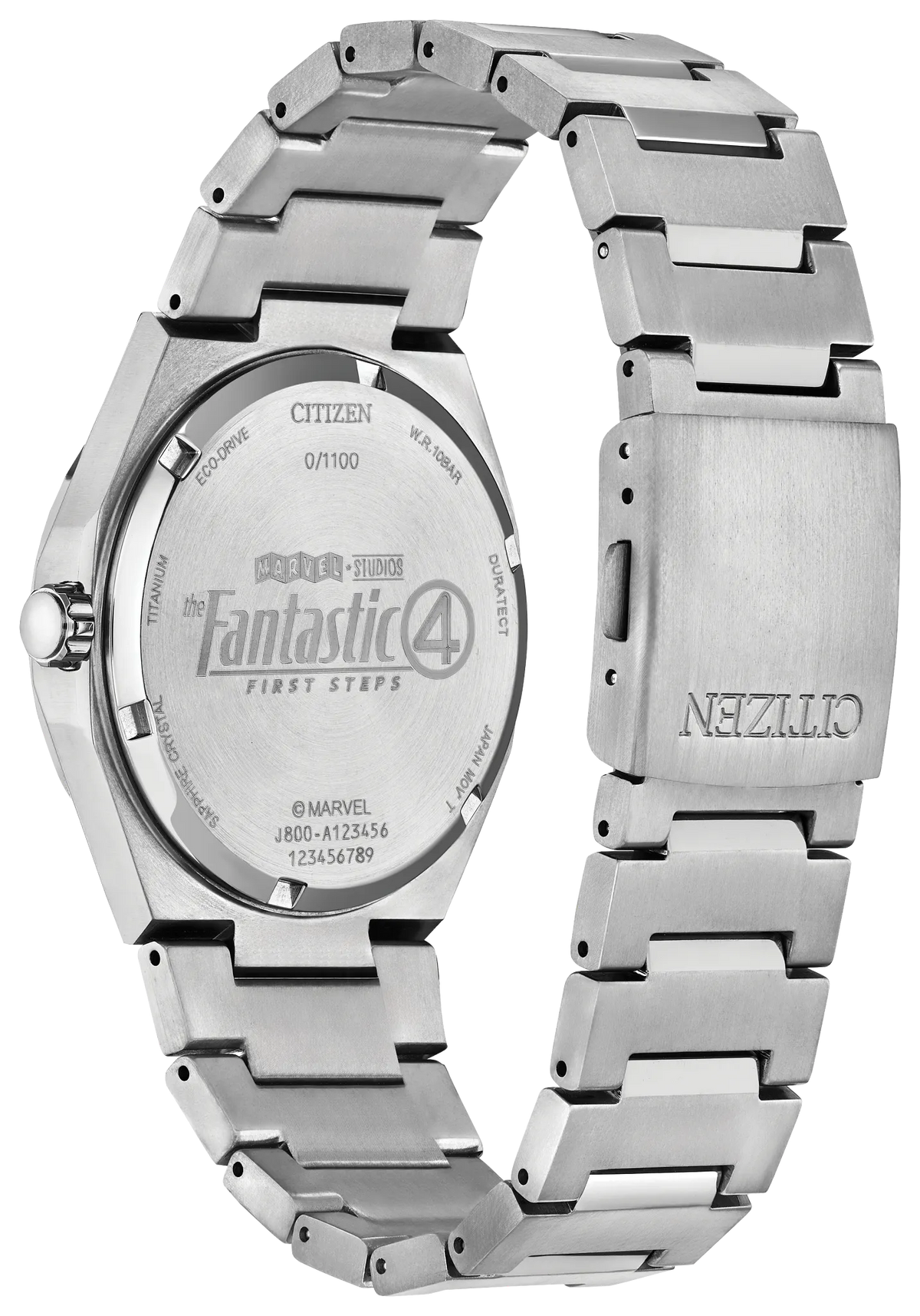 Case back view of the Citizen Fantastic 4 AW0131-66W showing the limited-edition numbered engraving, Fantastic 4: First Steps logo, and Super Titanium bracelet.