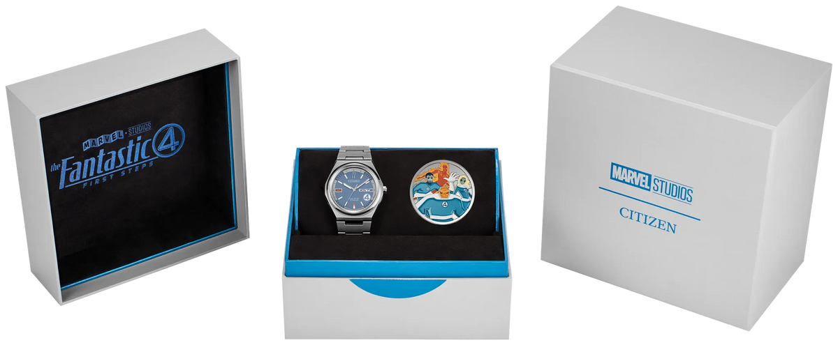 Citizen Fantastic 4 AW0131-66W limited-edition boxed set with blue dial Eco-Drive watch, Fantastic 4 collectible coin, and Marvel Studios Citizen presentation box.