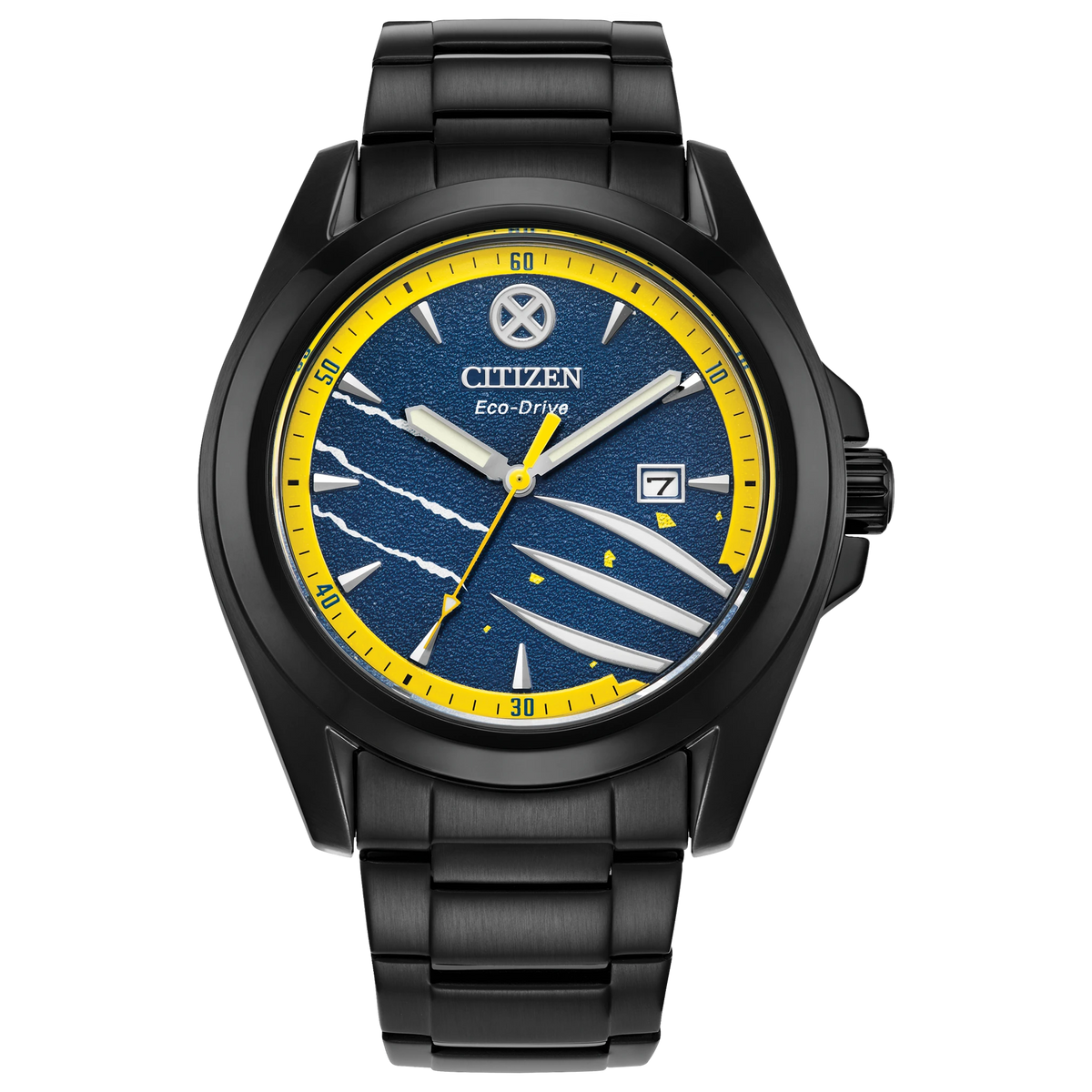Citizen Marvel Wolverine AW1435-66W Eco-Drive watch with blue dial, yellow outer ring, luminous claw motifs, black ion-plated stainless steel case and bracelet, date display, and X-Men logo at 12 o’clock.