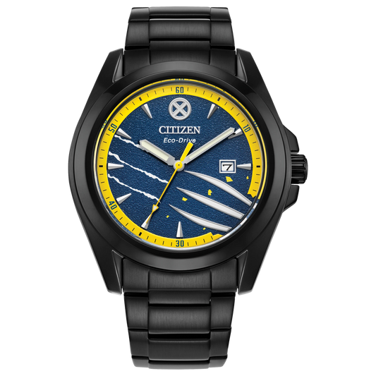 Citizen Marvel Wolverine AW1435-66W Eco-Drive watch with blue dial, yellow outer ring, luminous claw motifs, black ion-plated stainless steel case and bracelet, date display, and X-Men logo at 12 o’clock.