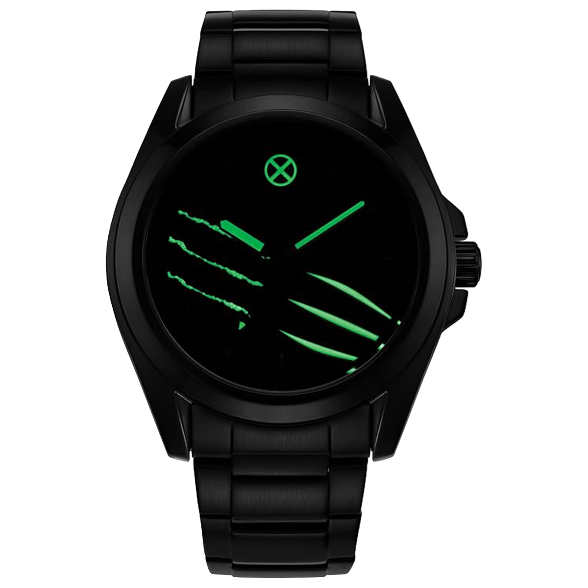 Citizen Marvel Wolverine AW1435-66W shown in the dark with glowing luminous claw motifs, hands, and X-Men logo on the dial.