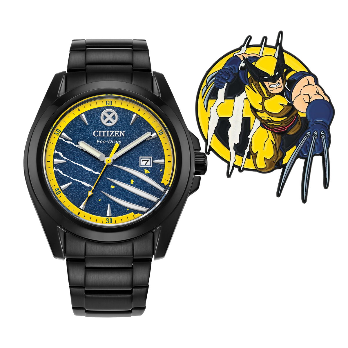 Citizen Marvel Wolverine AW1435-66W Eco-Drive watch with matching Wolverine collectible pin, blue dial, yellow outer ring, black stainless steel bracelet, and luminous claw-inspired design.