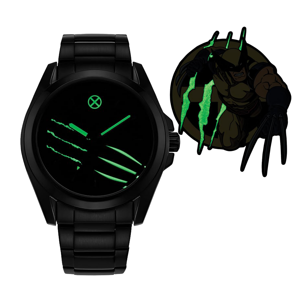 Citizen Marvel Wolverine AW1435-66W shown in low light with glowing luminous dial details and matching Wolverine collectible pin