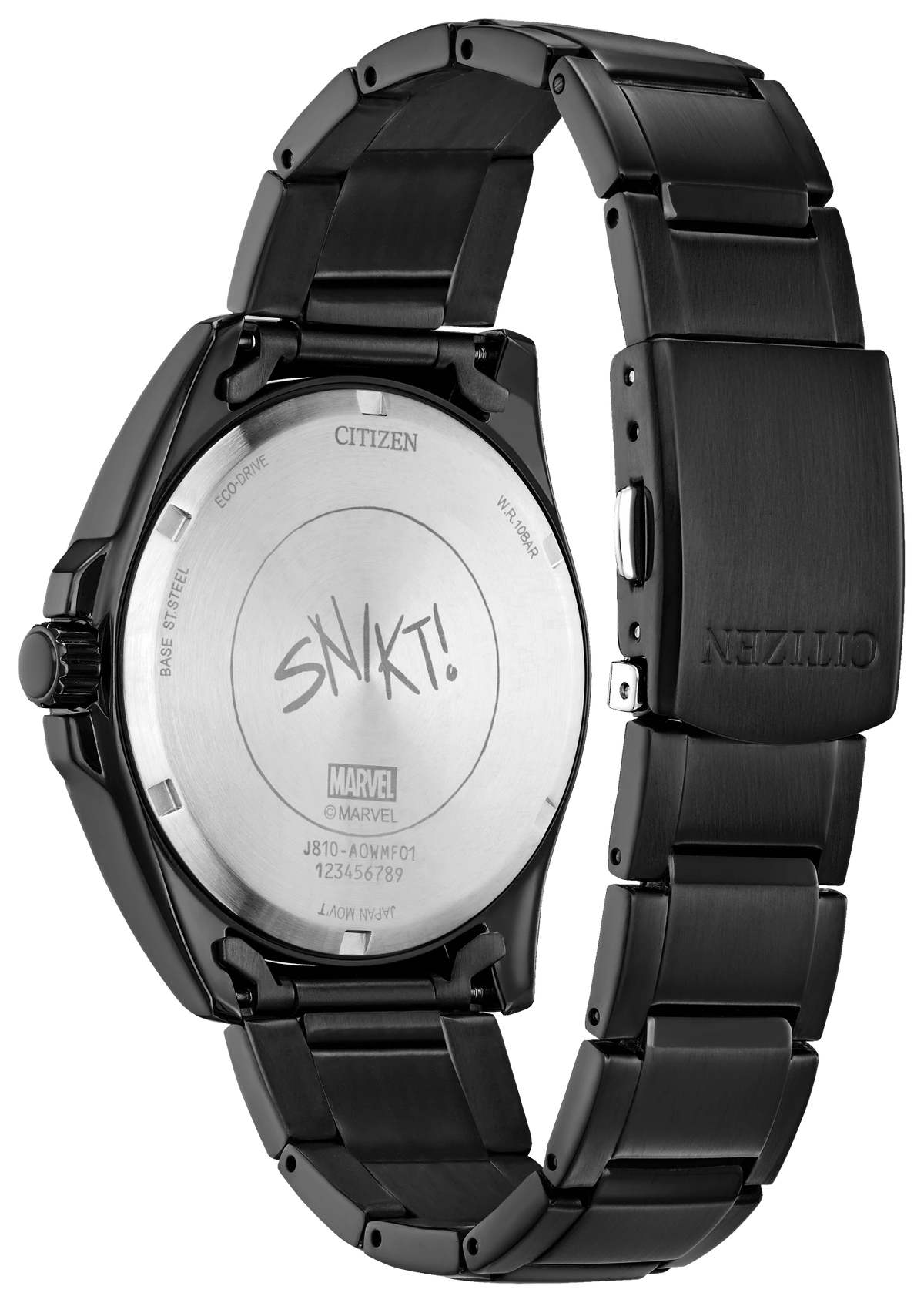 Rear view of the Citizen Marvel Wolverine AW1435-66W showing the black ion-plated stainless steel bracelet, Citizen clasp, and case back engraved with Wolverine logo and SNIKT tex