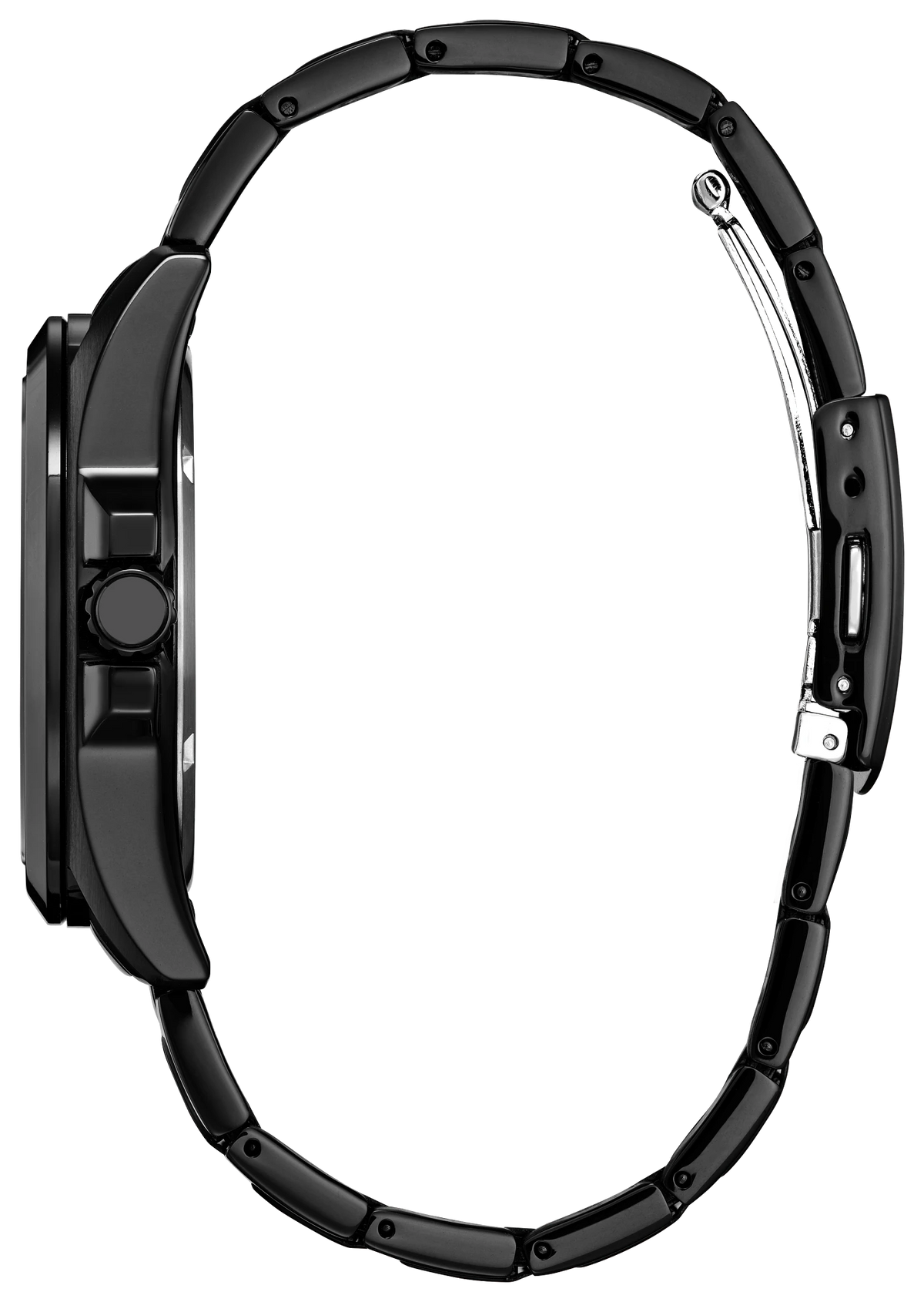 Side profile of the Citizen Marvel Wolverine AW1435-66W showing the black ion-plated stainless steel case, crown, bracelet, mineral crystal, and fold-over clasp.