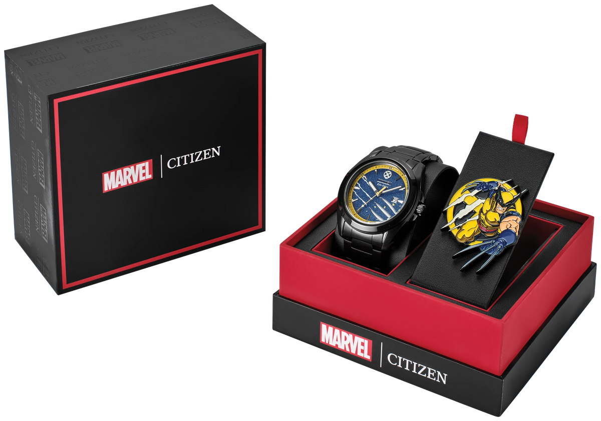 Citizen Marvel Wolverine AW1435-66W boxed set with black and red Marvel Citizen presentation box, Eco-Drive watch, and matching Wolverine collectible pin.