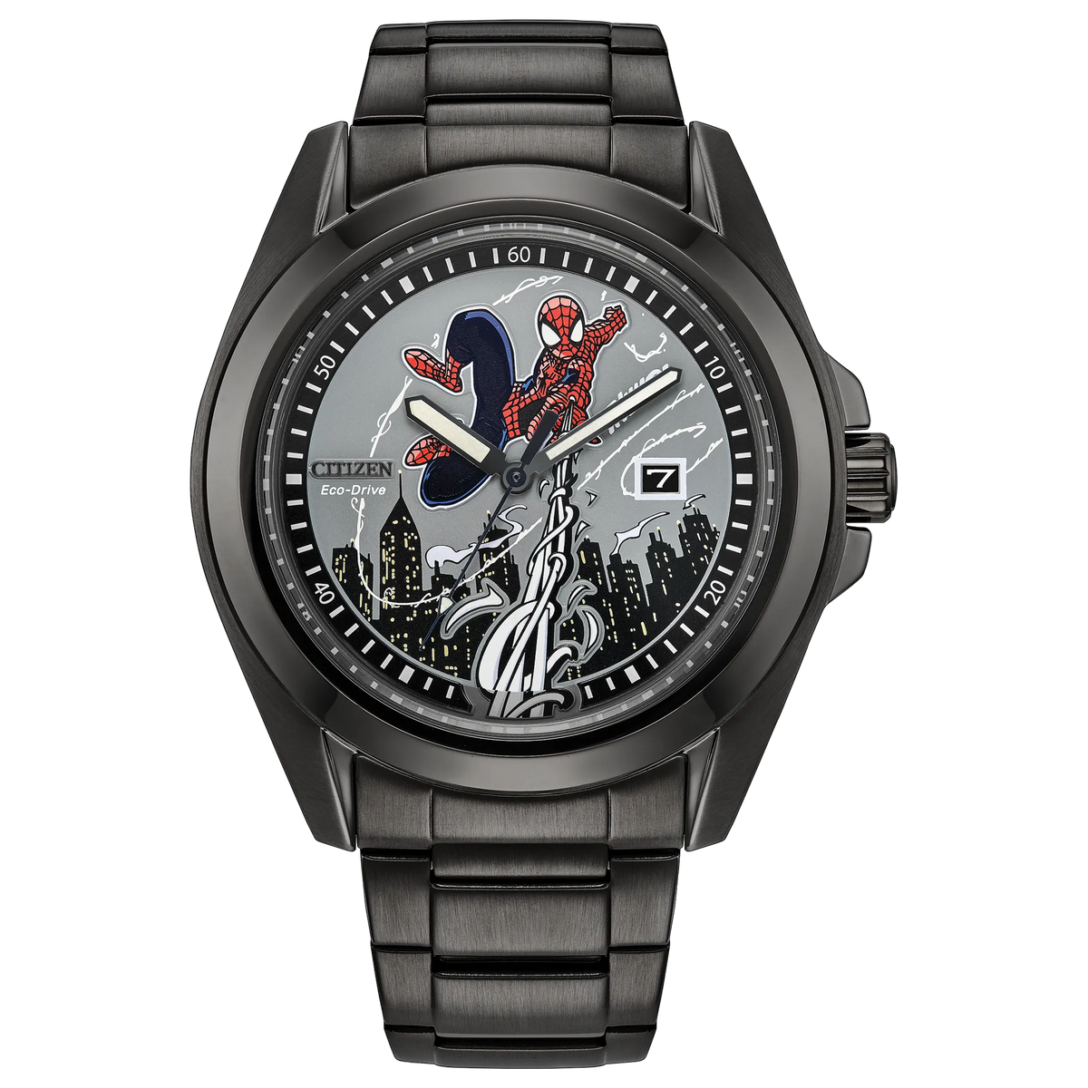 Citizen Spider-Man Swings AW1437-61W Eco-Drive Marvel watch with embossed Spider-Man and New York City skyline dial, luminous 3D webbing, 43mm gray ion-plated stainless steel case and bracelet, THWIP engraved case back, and collectible Spider-Man pin.