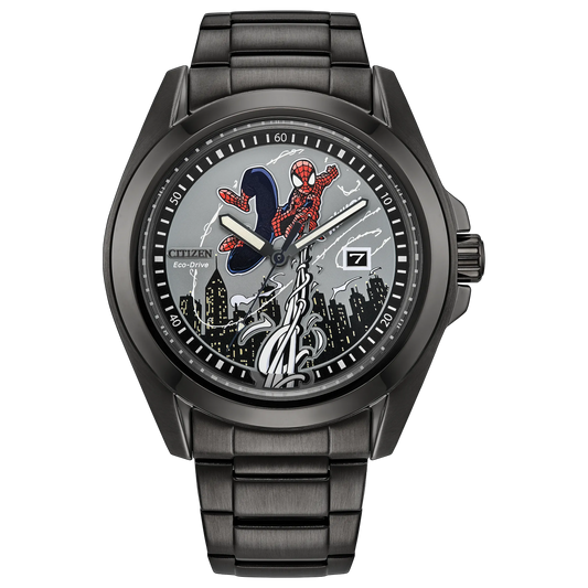 Citizen Spider-Man Swings AW1437-61W Eco-Drive Marvel watch with embossed Spider-Man and New York City skyline dial, luminous 3D webbing, 43mm gray ion-plated stainless steel case and bracelet, THWIP engraved case back, and collectible Spider-Man pin.