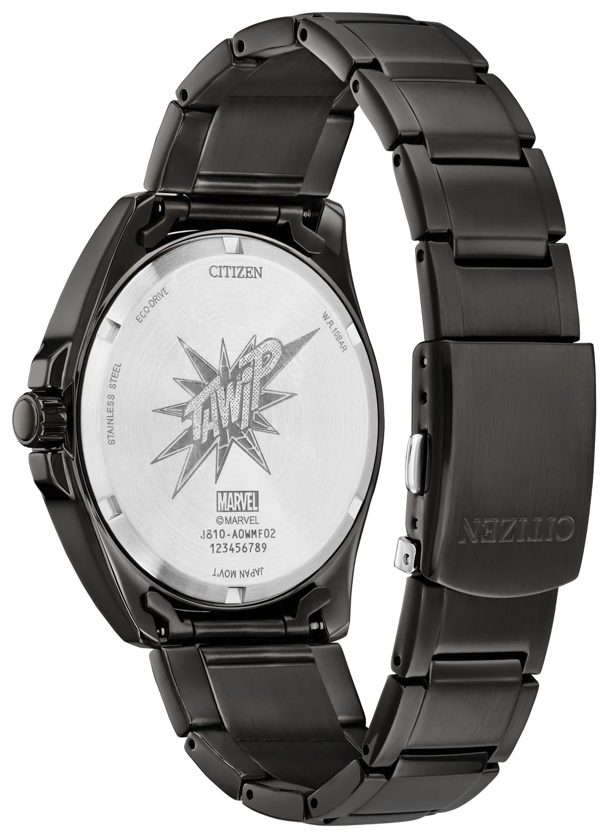 Citizen stainless steel watch with a black metal link bracelet, shown from the back to reveal a brushed silver case back with a starburst logo and text, alongside a black clasp.