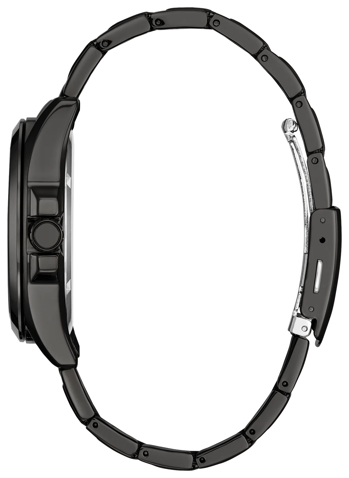 A side profile view of a smartwatch with a glossy black metal link band and a black case, set against a plain white background.