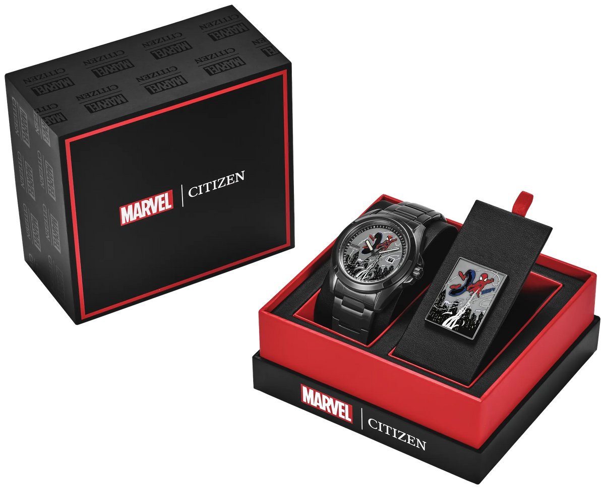 Marvel x Citizen watch gift set featuring a black chronograph watch with a silver dial, a Spider-Man themed card holder, and branded black and red packaging on a white background.