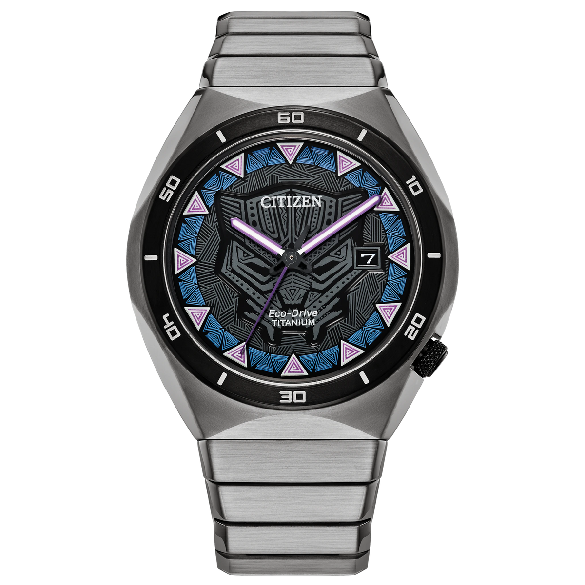 Citizen Black Panther AW1668-50W Marvel Super Titanium Eco-Drive watch with black patterned dial, gray resin bezel, luminous hands, date display, and silver-tone bracelet.