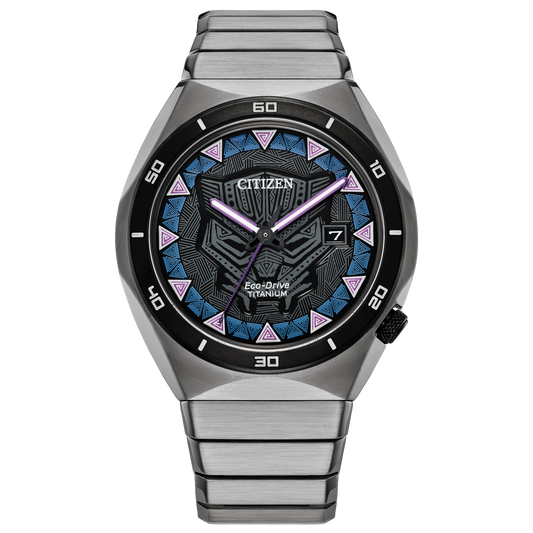 Citizen Black Panther AW1668-50W Marvel Super Titanium Eco-Drive watch with black patterned dial, gray resin bezel, luminous hands, date display, and silver-tone bracelet.