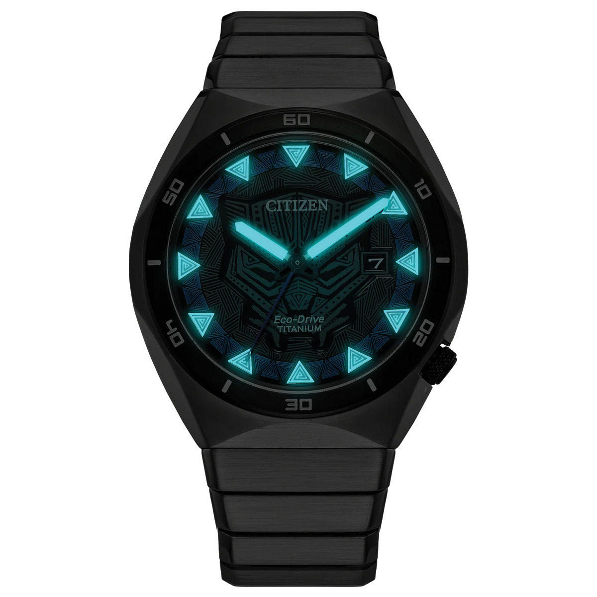 Low-light view of the Citizen Black Panther AW1668-50W showing glowing luminous hands, hour markers, and turquoise Black Panther-inspired dial accents.