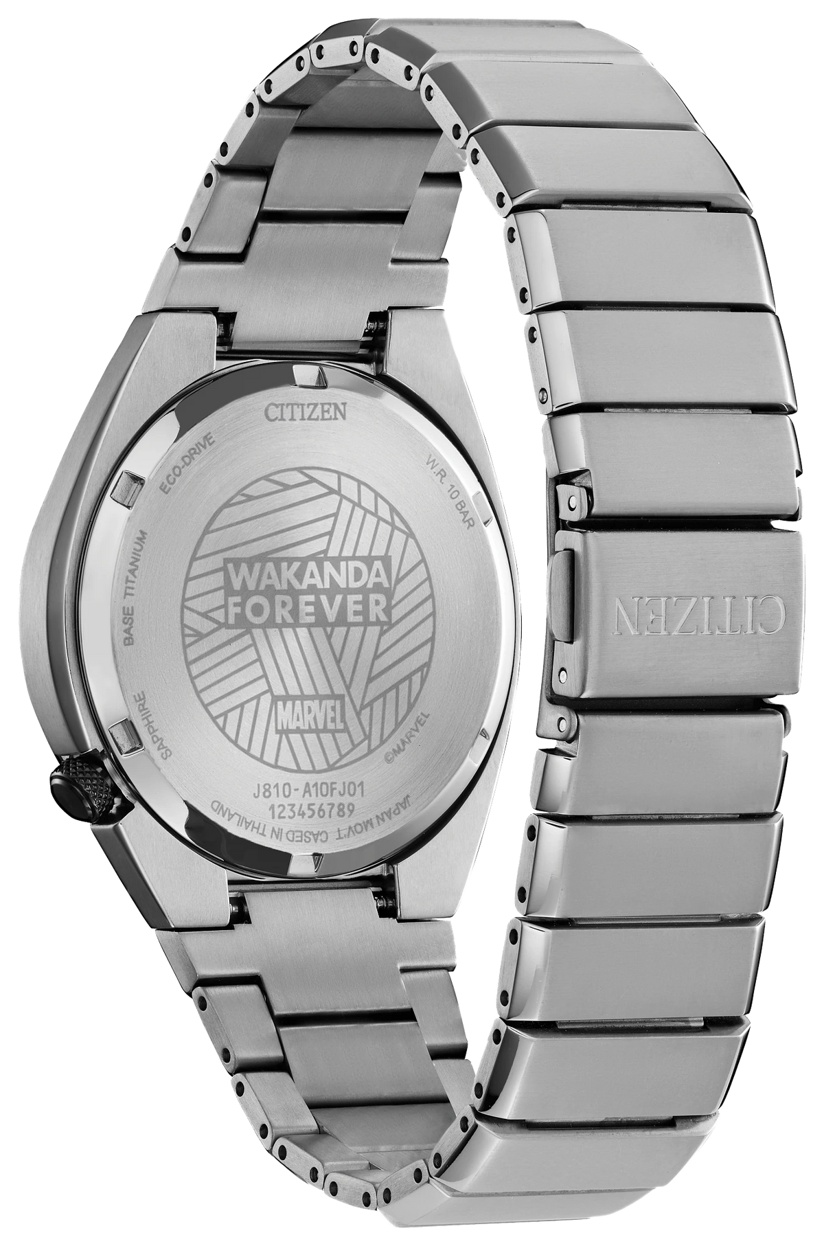 Case back view of the Citizen Black Panther AW1668-50W showing the Wakanda Forever engraving, Marvel logo, Super Titanium case, and silver-tone bracelet.