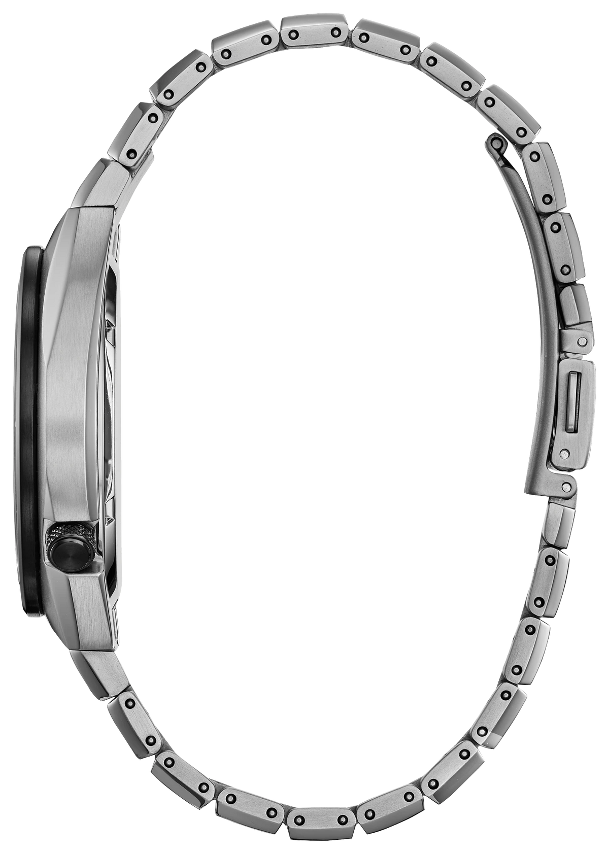 Side profile of the Citizen Black Panther AW1668-50W showing the slim Super Titanium case, gray resin bezel, crown, and integrated bracelet construction.