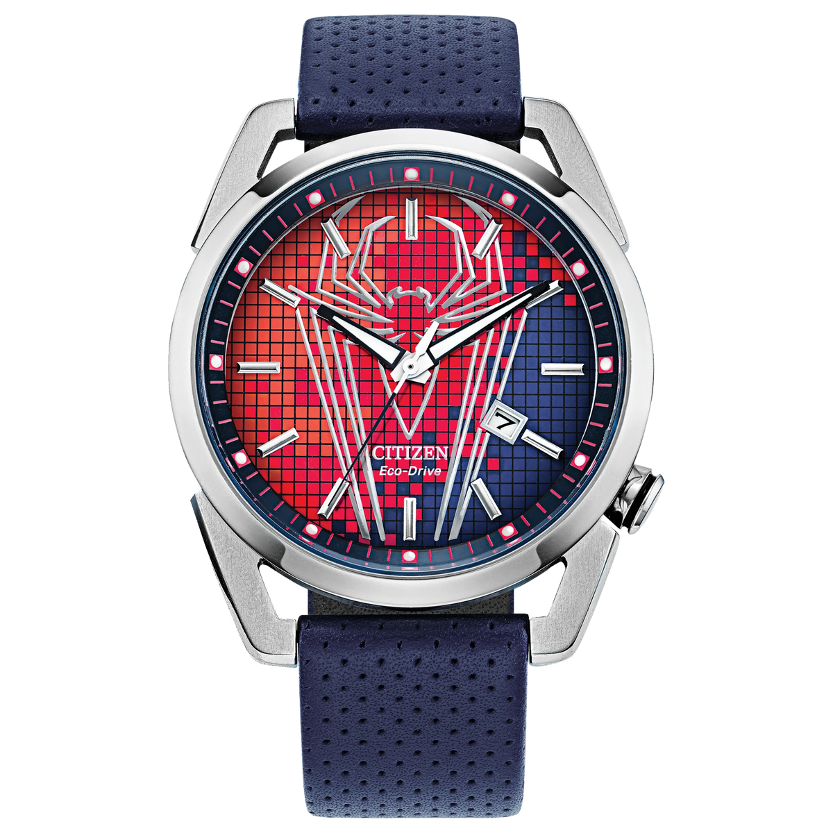Citizen Spider-Man AW1680-03W Marvel Eco-Drive watch with red and blue Spider-Man dial, silver-tone stainless steel case, blue perforated leather strap, luminous hands, and date display.