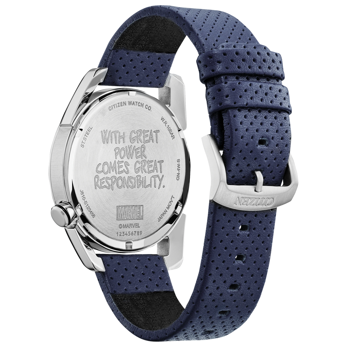 Case back view of the Citizen Spider-Man AW1680-03W showing the engraved quote ‘With Great Power Comes Great Responsibility,’ blue perforated leather strap, and stainless steel case.