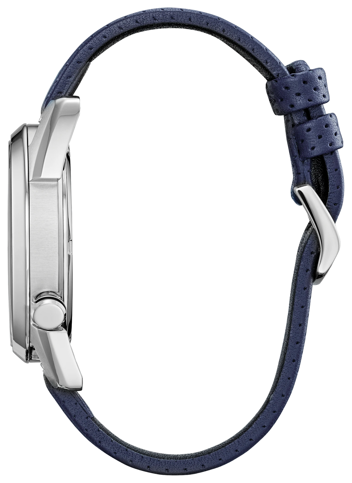 Side profile of the Citizen Spider-Man AW1680-03W showing the silver-tone stainless steel case, raised spherical mineral crystal, crown, blue perforated leather strap, and buckle.