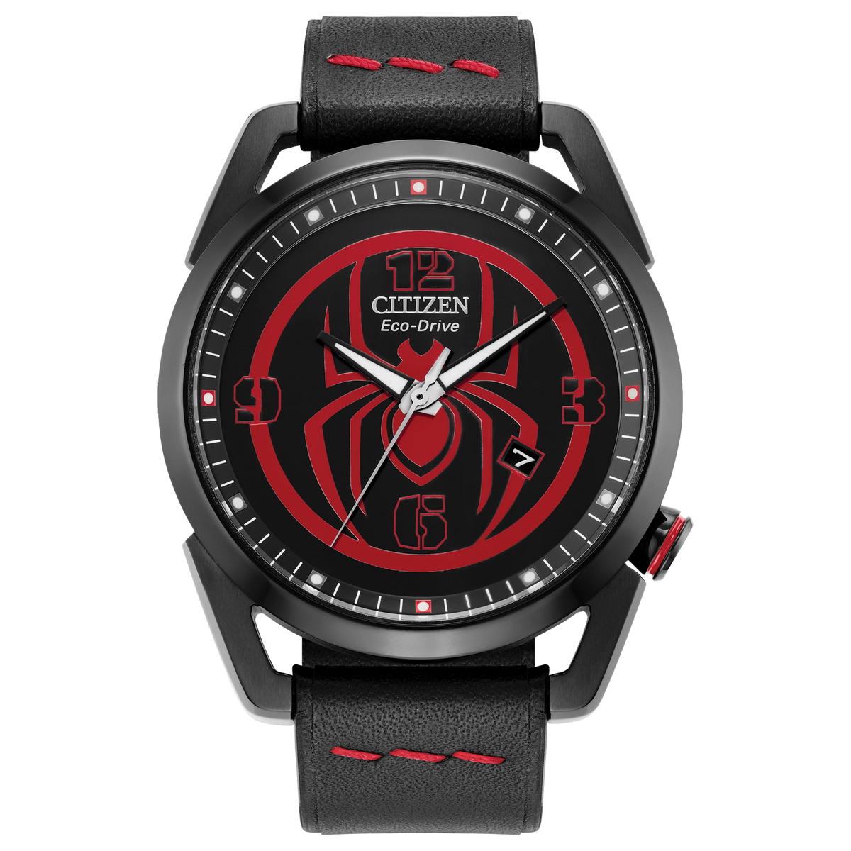 CITIZEN MARVEL MILES MORALES AW1685-00W Eco-Drive watch with black stainless steel case, red Spider-Man-inspired dial, and black leather strap with red stitching.