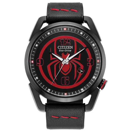 CITIZEN MARVEL MILES MORALES AW1685-00W Eco-Drive watch with black stainless steel case, red Spider-Man-inspired dial, and black leather strap with red stitching.
