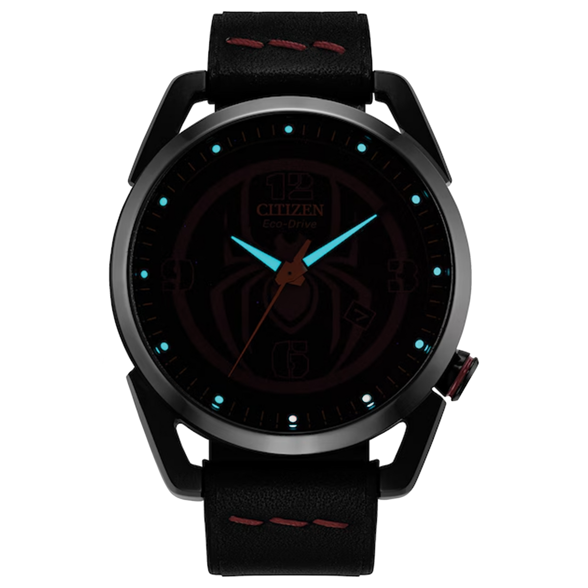 CITIZEN MARVEL MILES MORALES AW1685-00W in low light, showing luminous blue hands and markers on a black Spider-Man-inspired dial.