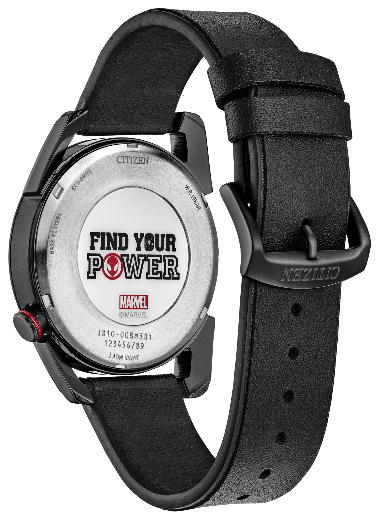CITIZEN MARVEL MILES MORALES AW1685-00W case back with “Find Your Power” Marvel artwork, black leather strap, and black buckle.