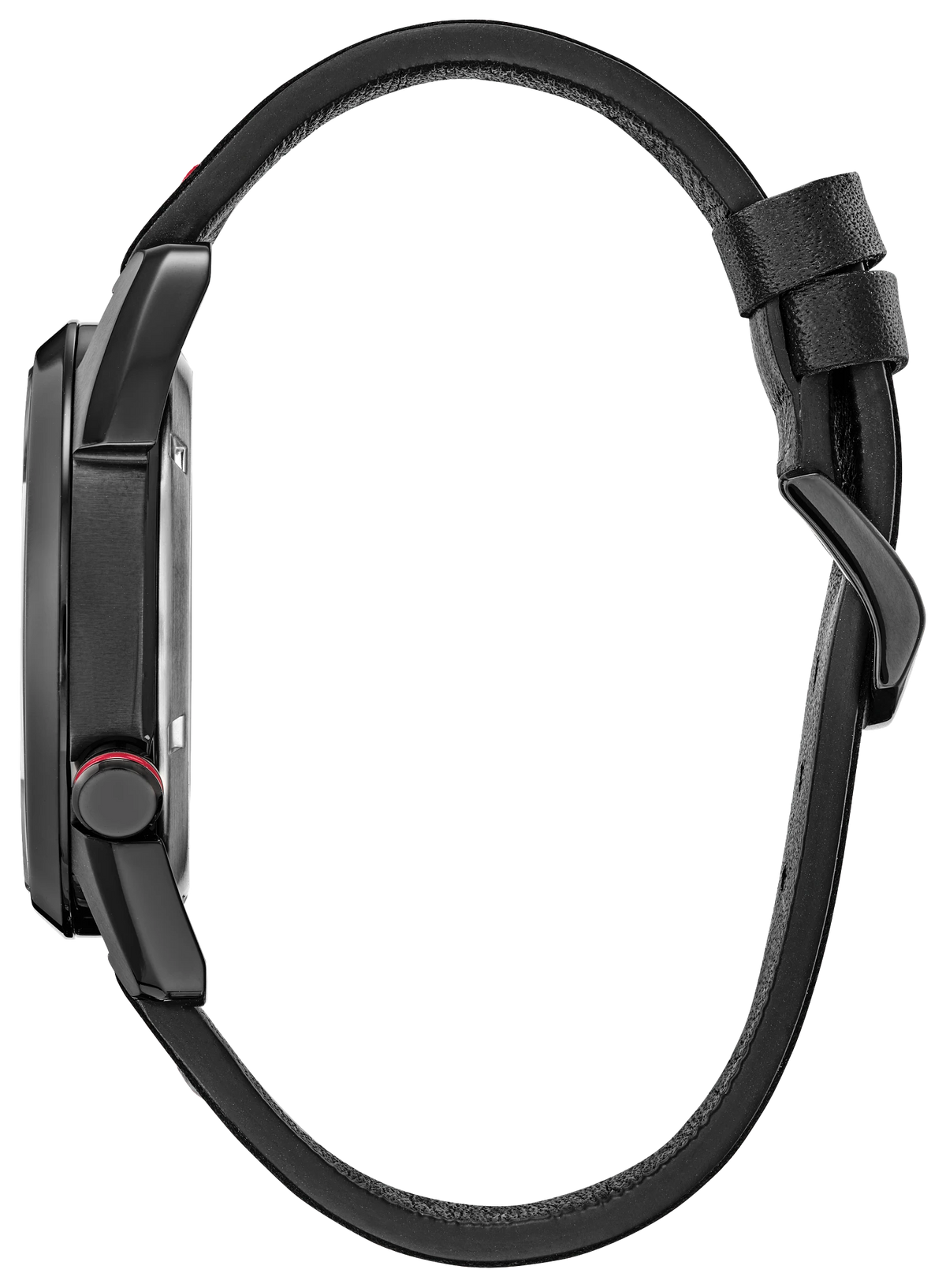 CITIZEN MARVEL MILES MORALES AW1685-00W side view with black stainless steel case, red-accented crown, and black leather strap.