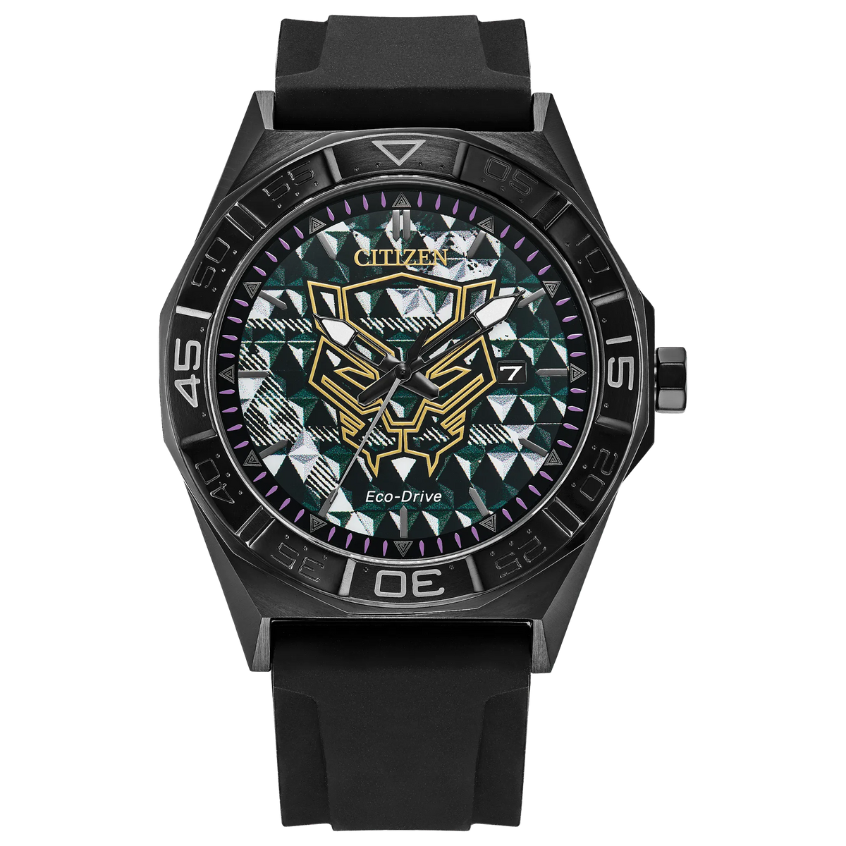 Citizen Black Panther 60th Anniversary AW1858-03W Eco-Drive watch with dimensional black dial, gold Black Panther mask logo, purple minute track, 42mm black IP stainless steel case, black silicone strap, sapphire crystal, and 100m water resistance.