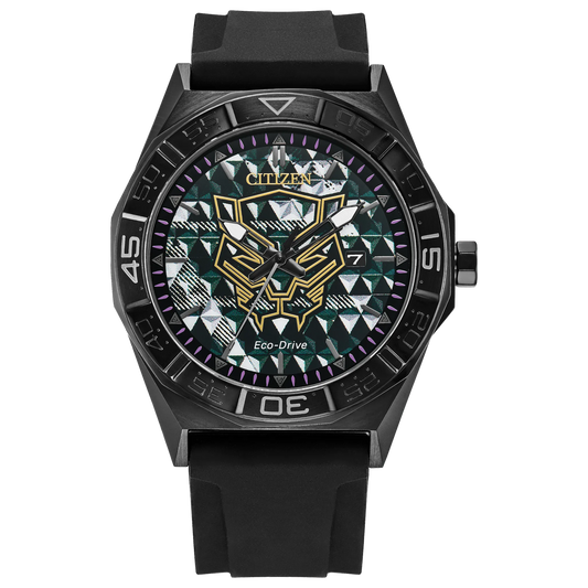 Citizen Black Panther 60th Anniversary AW1858-03W Eco-Drive watch with dimensional black dial, gold Black Panther mask logo, purple minute track, 42mm black IP stainless steel case, black silicone strap, sapphire crystal, and 100m water resistance.