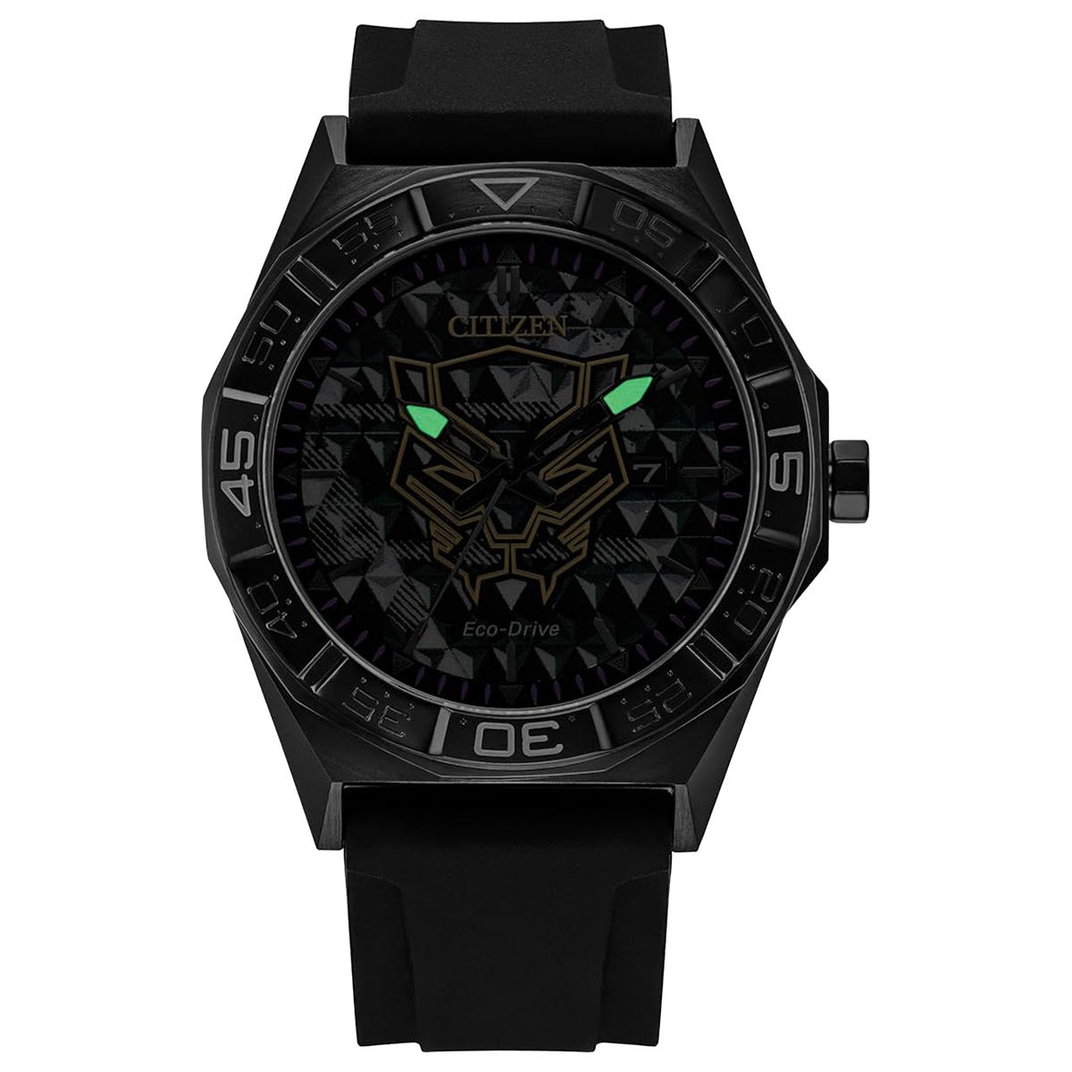 Citizen Black Panther 60th Anniversary AW1858-03W Eco-Drive watch with dimensional black dial, gold Black Panther mask logo, purple minute track, 42mm black IP stainless steel case, black silicone strap, sapphire crystal, and 100m water resistance.