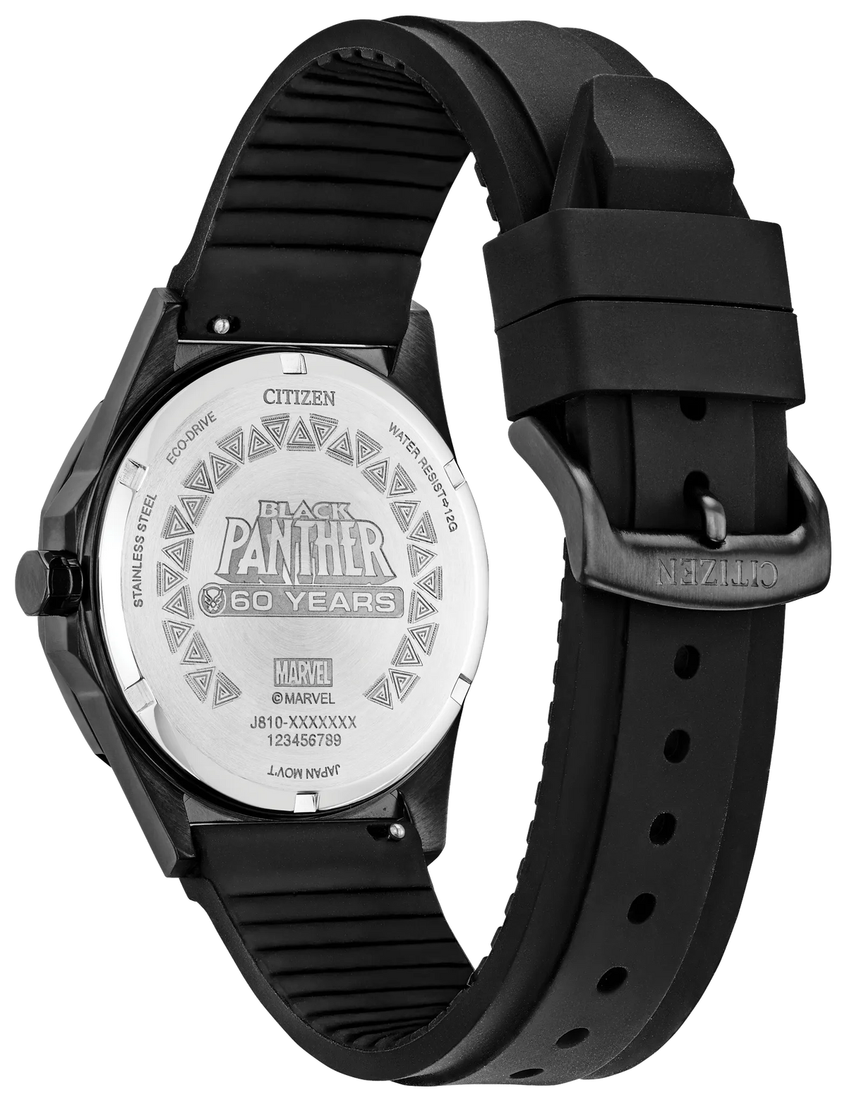 Citizen Black Panther 60th Anniversary AW1858-03W Eco-Drive watch with dimensional black dial, gold Black Panther mask logo, purple minute track, 42mm black IP stainless steel case, black silicone strap, sapphire crystal, and 100m water resistance.